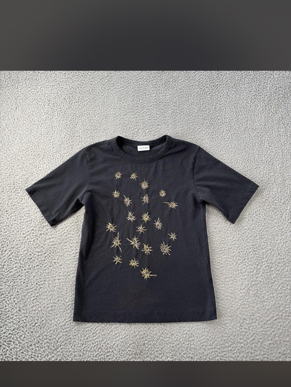 Dries Van Noten Black Tee Top Shirt with Gold Starburst Embroidery Beading